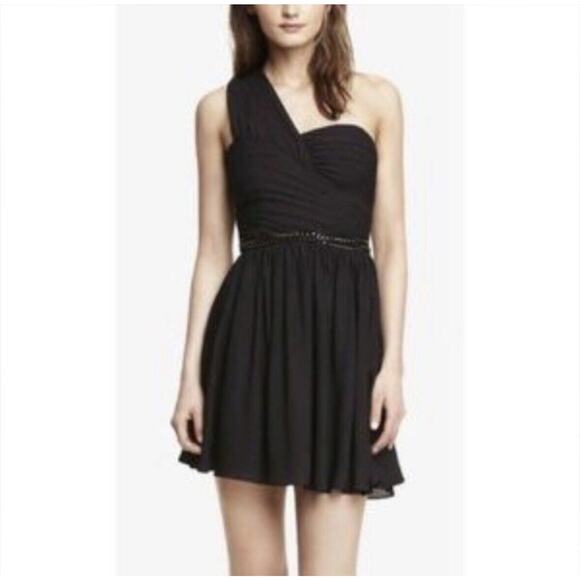 Express Women's One Shoulder Ruched Chain Belt Dress Sz 0 Black Goth Rock Y2K - Picture 1 of 9